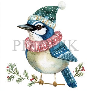 Clipart Geai bleu avec chapeau de Noël | 10 fichiers JPG et PNG | Fabrication de cartes | Artisanat numérique en papier | Aquarelle | Geai bleu des Fêtes, Geai