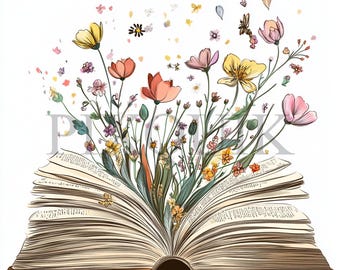Vintage Floral Open Book Clipart | 10 JPG&#39;s and PNG Files | Card Making | Digital Paper Crafts | Watercolor Art | Floral Book Illustration,