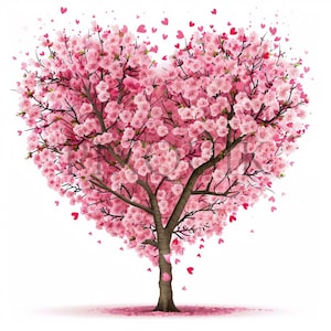 Clipart de cerezo / 10 archivos JPG de alta calidad / Cerezo en forma de corazón / Clipart de árbol / Árbol rosa / Descarga digital / Flor rosa