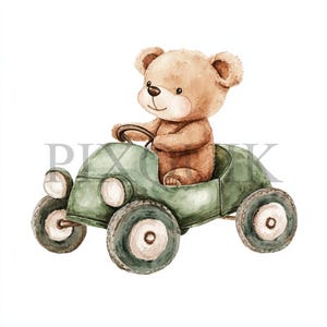 Ours en peluche avec petite voiture des cliparts | 10 fichiers JPG | Fabrication de cartes | Artisanat numérique en papier | Aquarelle | Style bohème, design de voiture verte