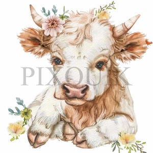 Boho Highland baby witte kalf liggend clipart | 10 JPG's en PNG's van hoge kwaliteit | Digitale download | Boerderijdierenkunst | Kaarten maken, digitaal