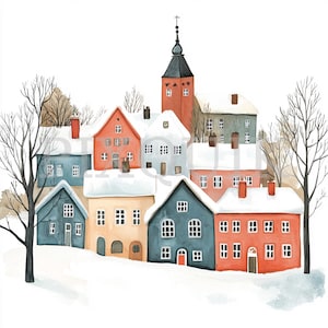 Clipart village de neige lunatique | 4 fichiers clipart | Fabrication de cartes | Artisanat numérique en papier | Aquarelle | Illustrations festives d'hiver