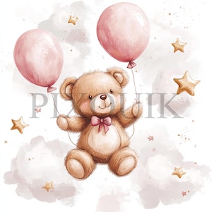 Ours en peluche avec des ballons Clipart | 10 fichiers JPG et PNG | Fabrication de cartes | Artisanat numérique en papier | Aquarelle | Conception de ballon ours rose
