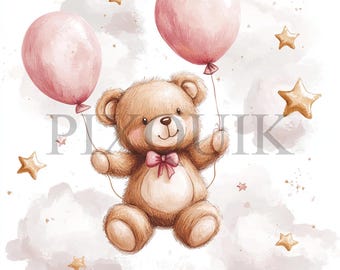 May include: A brown teddy bear with a pink bow is holding onto two pink balloons. The bear is flying in the clouds with gold stars scattered around it.