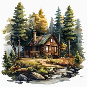 Cabin in Woods Clipart / 10 JPG di alta qualità / Illustrazioni di cabine nella foresta / Arte della natura / Album di ritagli, stampabile, uso commerciale