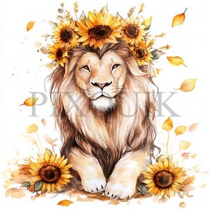 Clipart de Leão e Girassóis de Outono | 10 JPG's e PNG de Alta Qualidade | Girassol em Aquarela | Criação de Cartões, Clipart de Leão Fofo, Artesanato em Papel