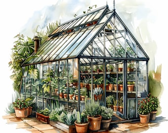 Watercolor Greenhouse Clipart | Botanical Illustration Art (Digital Download)