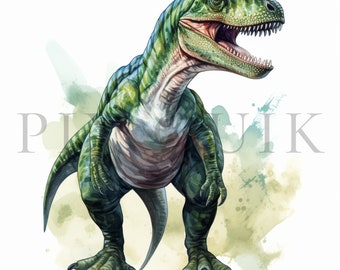 Op de afbeelding: Een groene en witte dinosaurus met een groot hoofd en scherpe tanden. De dinosaurus staat op alle vier poten en heeft een lange staart.