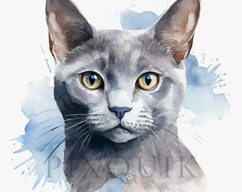 Watercolor Russian Blue Cat Clipart | High Quality JPGs (Digital Download)