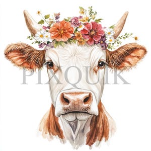 Cow with Flower Clipart | 10 JPG&#39;s Files | Card Making | Digital Paper Crafts | Watercolor Art | Floral Cow Design, Farm Animal Art