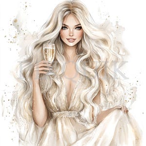 Donna con capelli biondi che festeggia il capodanno / 4 Clip Art / Capodanno boho / Capodanno accogliente / Clipart per feste / Creazione di biglietti