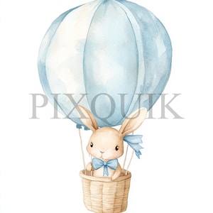 Clipart de conejito con globo aerostático / 10 archivos JPG y PNG / Creación de tarjetas / Manualidades digitales con papel / Arte de acuarela / Estilo bohemio, globo azul