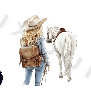 Girl with Horse Clipart, Digital Horse and Rider Art, Country Girl Illustration, White Horse Clipart, Equestrian Digital PNG, Kid’s Horse Ar