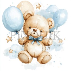 Orsetto con palloncini Clipart / 10 file JPG e PNG / Creazione di biglietti / Artigianato di carta digitale / Arte ad acquerello / Orso blu e marrone