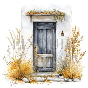 Clipart di vecchia porta di campagna autunnale / 10 JPG e PNG di alta qualità / Porta autunnale / Porta ad acquerello, creazione di biglietti, diario, digitale