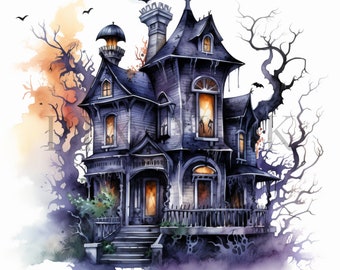 Watercolor Haunted House Clipart | Spooky Halloween Art (Digital Download)