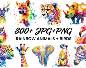 May include: A collection of 800+ JPG and PNG images featuring rainbow-colored animals and birds. The images are perfect for crafting, scrapbooking, and other creative projects.