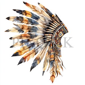 May include: A watercolour painting of a Native American headdress with brown, orange, and blue feathers. The headdress is decorated with geometric patterns in red, white, and black.