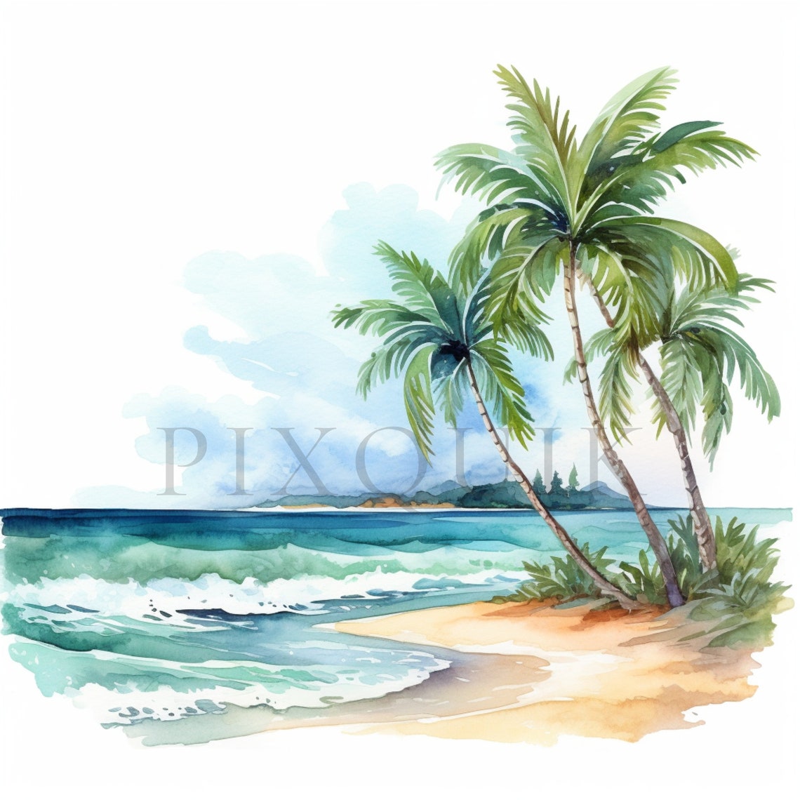 Watercolor Beach Clipart | Tropical Palm Tree Scene (digital Download ...