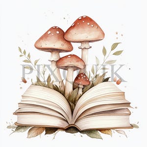 Open boek met paddestoelafbeeldingen | 10 JPG- en PNG-bestanden | Kaarten maken | Digitale papierkunst | Aquarelkunst | Grillige paddenstoel