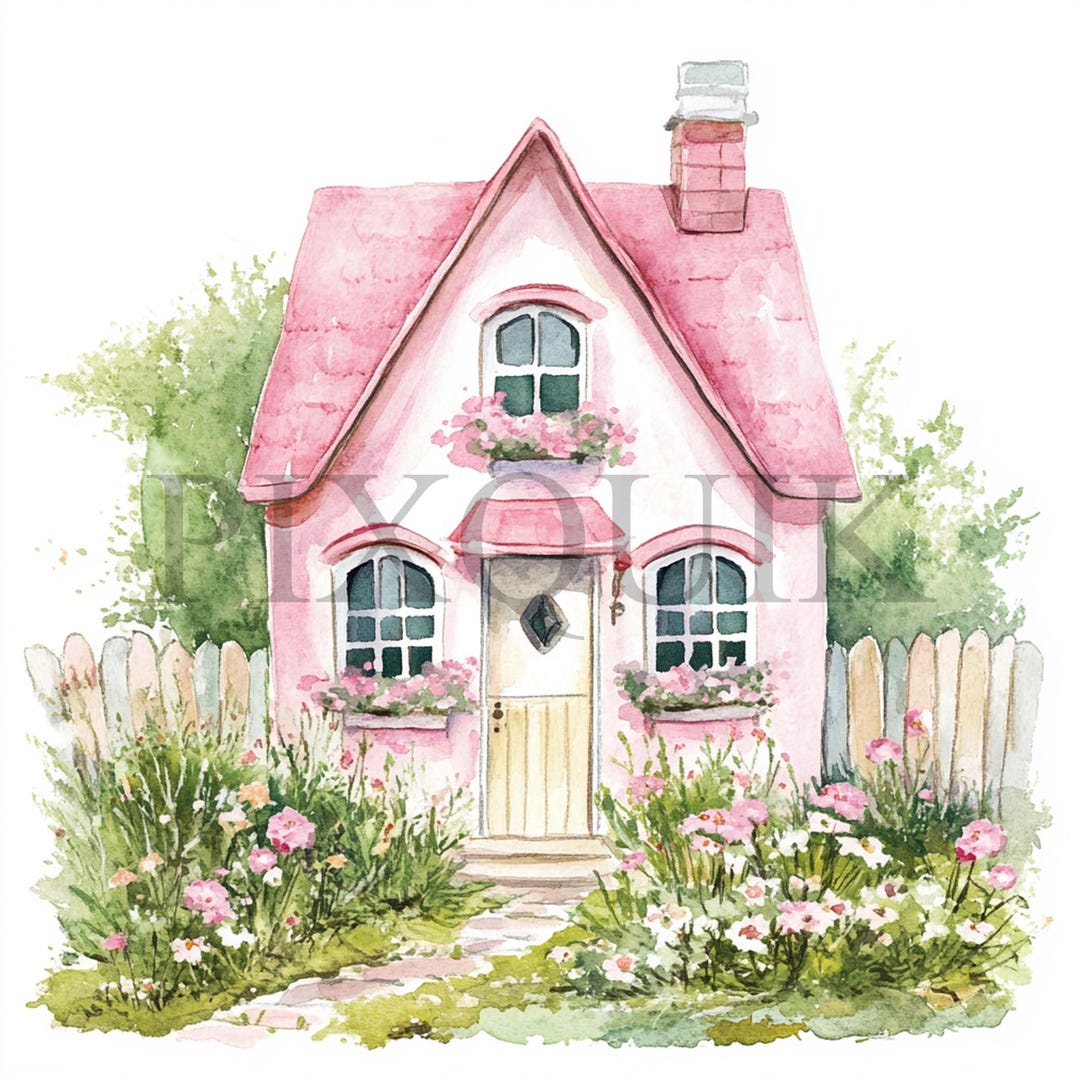 Pink Country Cottage Clipart: Vintage Watercolor Art (digital Download ...
