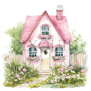 Clipart di cottage di campagna / 10 JPG di alta qualità / Arte di cottage rosa / Country vintage, creazione di biglietti, download digitale, lavori di carta