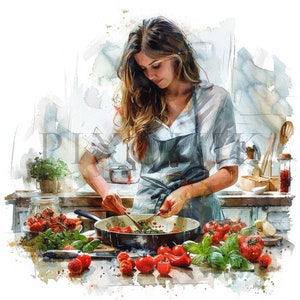 Clipart de culinária em aquarela | 10 JPGs de alta qualidade | Download digital instantâneo | Clipart de garota cozinheira | Clipart de mulher chef | Gráficos de culinária