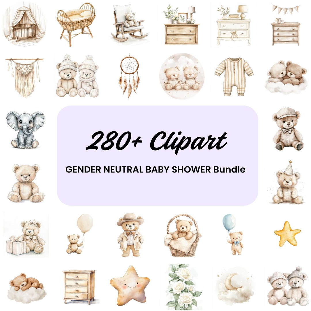Watercolor Baby Shower Clipart: 280+ Gender Neutral PNG Files (digital ...