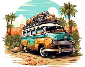 Clipart de viaje por carretera: furgoneta vintage y palmeras (descarga digital)