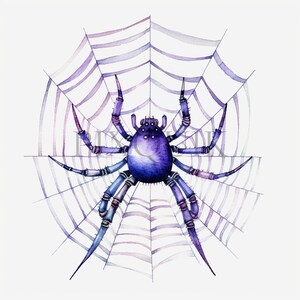 Op de afbeelding: Een aquarel schilderij van een paarse spin in een web. De spin heeft acht poten en een rond lichaam met een blauw en paars patroon. Het web is een delicaat, ingewikkeld ontwerp met paarse en witte lijnen.