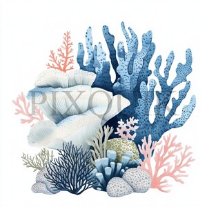 a painting of corals and seaweed on a white background