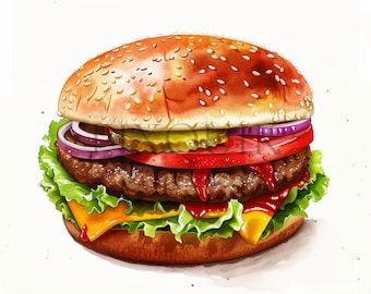 Clipart hamburger aquarelle | Illustration de restauration rapide savoureuse (JPG)