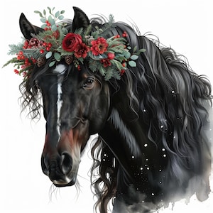 Clipart de Caballos Navideños / 10 JPG y PNG de Alta Calidad / Arte Navideño con Caballos / Animales Festivos en Acuarela / Digital / Arte Mural Navideño
