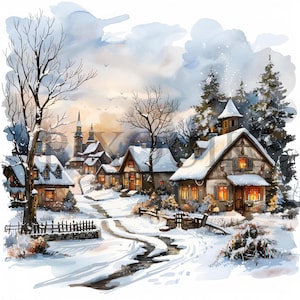 Winter Dorf Clipart | 10 hochwertige JPGs | Verschneites Dorf Illustration | Urlaub Winter Szene Kunst | Kartenherstellung, Digital Art