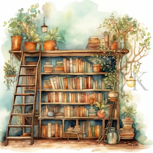 Clipart z akwarelową półką na książki - 10 wysokiej jakości plików JPG | Clipart z książkami bibliotecznymi | clipart | Clipart z półką na książki | Clipart z biblioteki | Użytek komercyjny