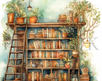 Watercolor Bookshelf Clipart: Library Bookcase JPGs (Commercial Use)
