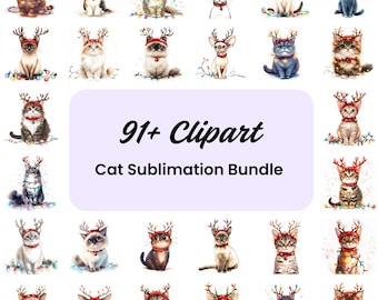 May include: A digital clipart bundle of 91+ images featuring cute cats wearing reindeer antlers and Christmas lights. The images are perfect for creating festive designs for t-shirts, mugs, and other merchandise.