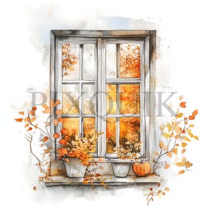 Clipart de ventana otoñal bohemia / 10 JPG de alta calidad / Ilustración acogedora de ventana otoñal / Otoño en acuarela, creación de tarjetas, manualidades digitales con papel