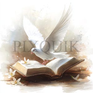 Open boek met duif-clipart | 10 JPG- en PNG-bestanden | Kaarten maken | Digitale papierkunst | Aquarelkunst | Vreedzame duifillustratie,