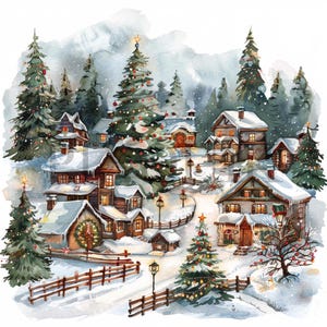 Clipart di un villaggio invernale / 10 JPG di alta qualità / Illustrazione di una scena di vacanza innevata / Arte di un villaggio invernale ad acquerello, artigianato di carta digitale