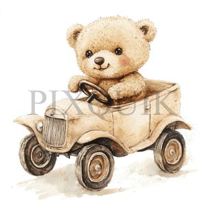 Ursinho de pelúcia com clipart de carro de brinquedo | 10 arquivos JPG | Criação de cartões | Artesanato em papel digital | Arte em aquarela | Estilo boho, carro marrom