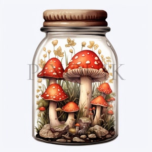 Clipart pot met paddenstoelen | 10 JPG's van hoge kwaliteit | Illustraties botanische pot | Paddenstoelenpotkunst | Plakboek, afdrukbaar, commercieel gebruik