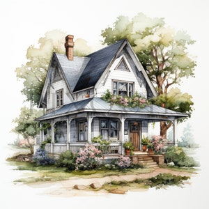 Watercolor Farmhouse Clipart: Cottagecore House Illustrations (Digital Download)