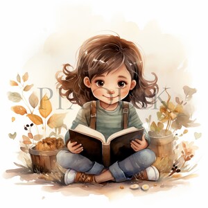 本を読んでいる女の子のクリップアート | 10 個の高品質 JPG | 本のイラストがかわいい女の子 | 読書アート | スクラップブック、印刷可能、商用利用