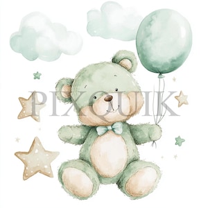 Ours en peluche avec des ballons Clipart | 10 fichiers JPG et PNG | Fabrication de cartes | Artisanat numérique en papier | Aquarelle | Ours vert et ours brun