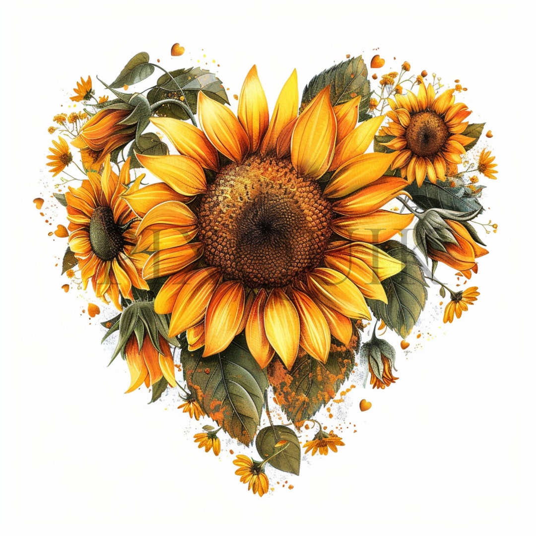 Heart Sunflower Clipart | High-resolution Floral Jpgs (digital Download ...