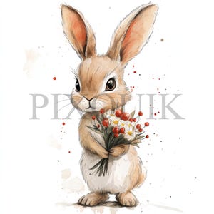 May include: A watercolour illustration of a brown bunny holding a bouquet of white flowers with red berries.