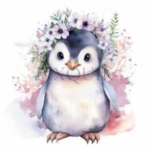 Lot de cliparts aquarelles mignons bébés pingouins | 10 fichiers JPG de haute qualité|  Floral bébé pingouin JPG | Bébés animaux d'hiver | Pingouins aquarelles