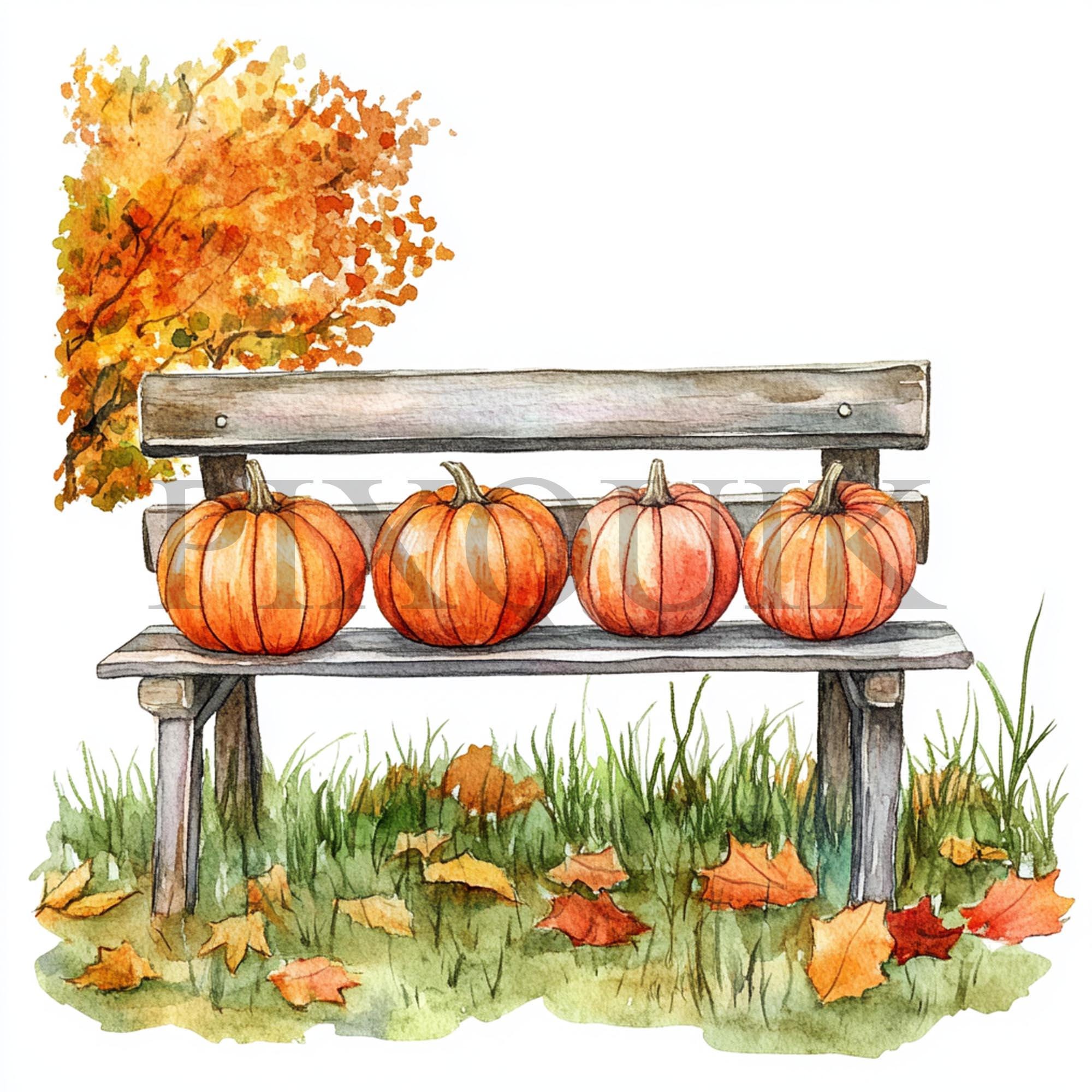 Watercolor Autumn Bench Clipart | Fall Pumpkin Scene (digital Download ...