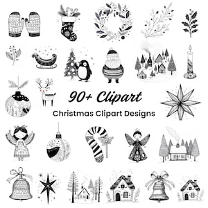 Kerstclipart zwart-wit | 90 clipartbestanden | Scandinavisch | Digitale papierkunst | Monochroom Scandinavische kerstkunst, kaarten maken